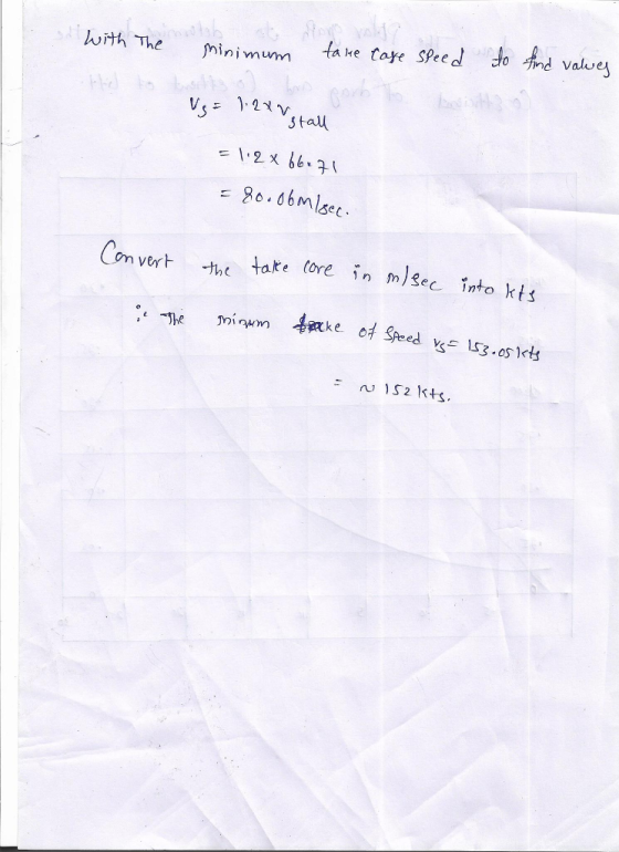 minimum take tare SPeed do ndvalueg んith-The stall Con vert the take tore in m/ec into kts ver -the