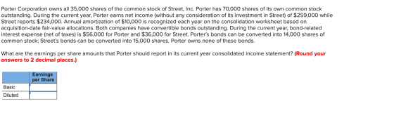 Porter Corporation owns all 35,000 shares of the common stock of Street, Inc. Porter has 70,000 shares of its own common stoc