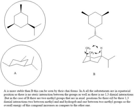 CH3 A is more stable than B this can be seen by their chai forms In A all the substutuents are in equatorial position so ther