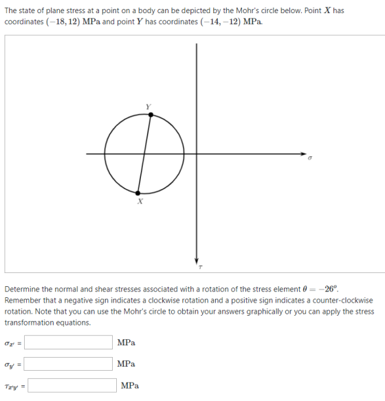 The state of plane stress at a point on a body can be depicted by the Mohrs circle below. Point X has coordinates(-18, 12) MPa and point Y has coordinates (-14,-12) MPa Determine the normal and shear stresses associated with a rotation of the stress element θ--26 Remember that a negative sign indicates a clockwise rotation and a positive sign indicates a counter-clockwise rotation. Note that you can use the Mohrs circle to obtain your answers graphically or you can apply the stress transformation equations MPa Oz Oy Try MPa MPa