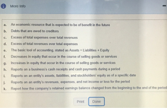 More Info a. b. c. e. An economic resource that is expected to be of benefit in the future b. Debts that are owed to creditor