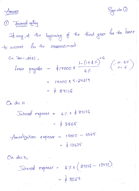 Ansunen Page: No @ It any, at the beginning of the third year for the lessee to account for the reassessment. On Jan 1, 202),