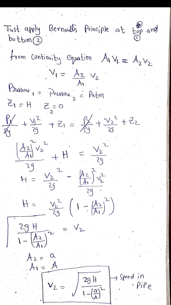 Just apply Bernoulls Principle at top and bottom ③ A. = 2 Z=0 2 + from continuity equation Al via Az uz Vi= Az Vz Preisure P