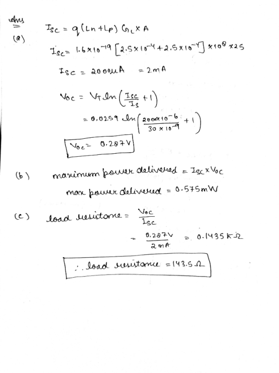 Isc = q (entLp) GITA Isc= 1.6810-19 [2.5x1074 +2.5x10-9]+100x25 Isc = 2000uA = 2mA Noc = Viln (IsC+1) 0,0259 Inf au cox 10 +
