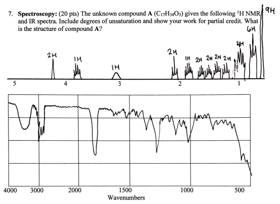 2H 2n ZM 2H 9H 7. Spectroscopy: (20 pts) The unknown compound A (C17H3403) gives the following ‘H NMR and IR spectra. Include