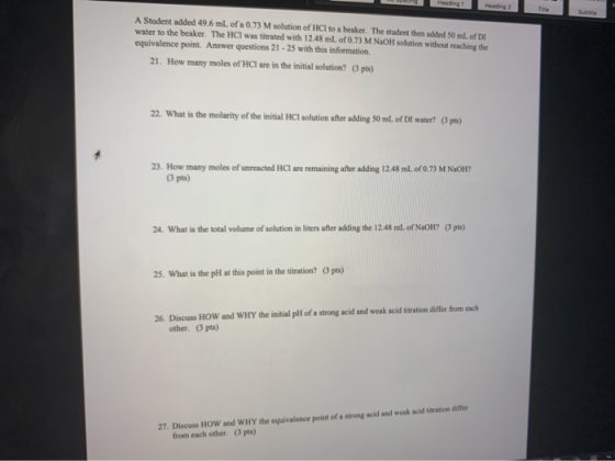 heading Harding 2 A Student added 49.6 mL of 0.73 M solution of HCl to a beaker. The student then added 50 mL of DI water to