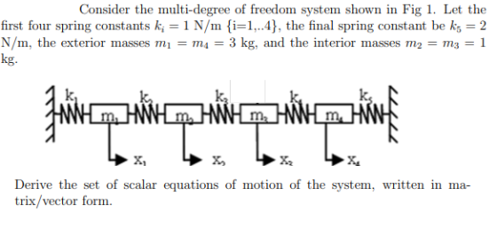 Consider the multi-degree of freedom system shown in Fig 1. Let the first four spring constants k; = 1 N/m {i=1,..4}, the fin