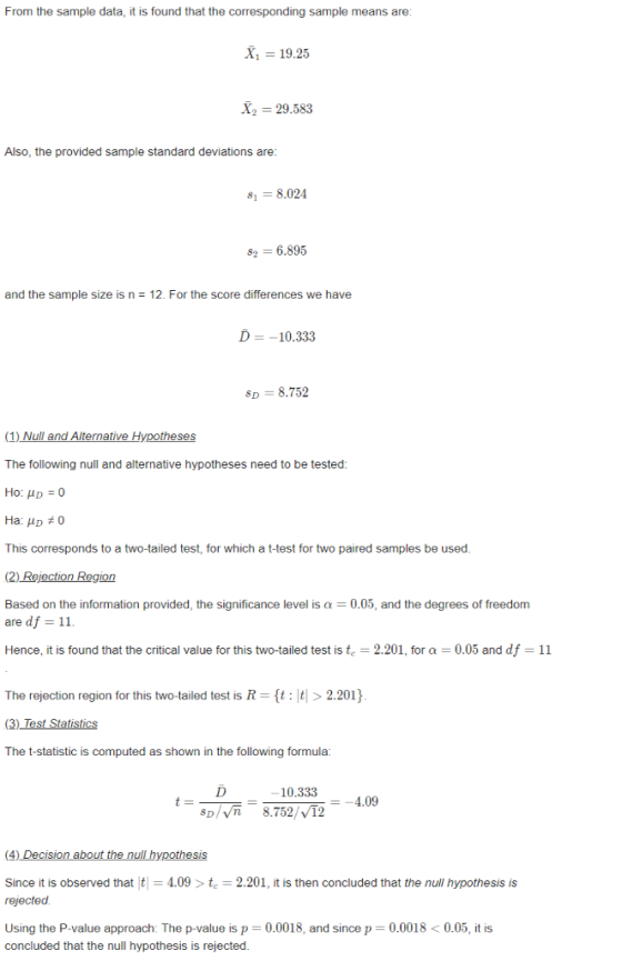 From the sample data, it is found that the corresponding sample means are X 19.25 X2 29.583 Also, the provided sample standard deviations are s1 8.024 89 6.895 and the sample size is n 12. For the score differences we have D-10.333 8D = 8.752 (1) Null and Alternative Hypotheses The following null and alternative hypotheses need to be tested: This corresponds to a two-tailed test, for which a t-test for two paired samples be used (2) Rejection Region Based on the information provided, the significance level is a 0.05, and the degrees of freedom are df 11 Hence, it is found that the critical value for this two-tailed test is te-2.201, for α : 0.05 and df-11 The rejection region for this two-tailed test is R-t: t> 2.201 The t-statistic is computed as shown in the following formula: -10.333 -4.09 8D/Vn 8.752/V12 Since it is observed thatt4.09t2.201, it is then concluded that the null hypothesis is rejected using the P-value approach The p-value is p = 0.0018, and since p concluded that the null hypothesis is rejected 0.0018 < 0.05, it is