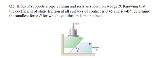 Q3. Block A supports a pipe column and rests as shown on wedge B. Knowing that the coefficient of static friction at all surf