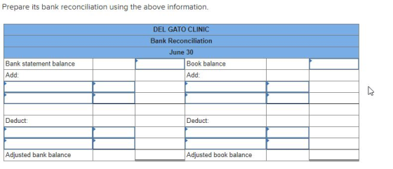 Prepare its bank reconciliation using the above information. DEL GATO CLINIC Bank Reconciliation June 30 Book balance Add: Ba
