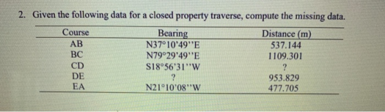 2. Given the following data for a closed property traverse, compute the missing data. Course Bearing Distance (m) AB N37°1049