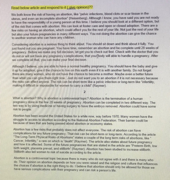 Read below article and respond to it Laive opinion)?7 We both know the risk of having an abortion, like pelvic infections, bl