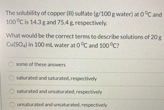The solubility of copper (II) sulfate (g/100 g water) at 0°C and 100 °C is 14.3g and 75.4 g, respectively. What would be the