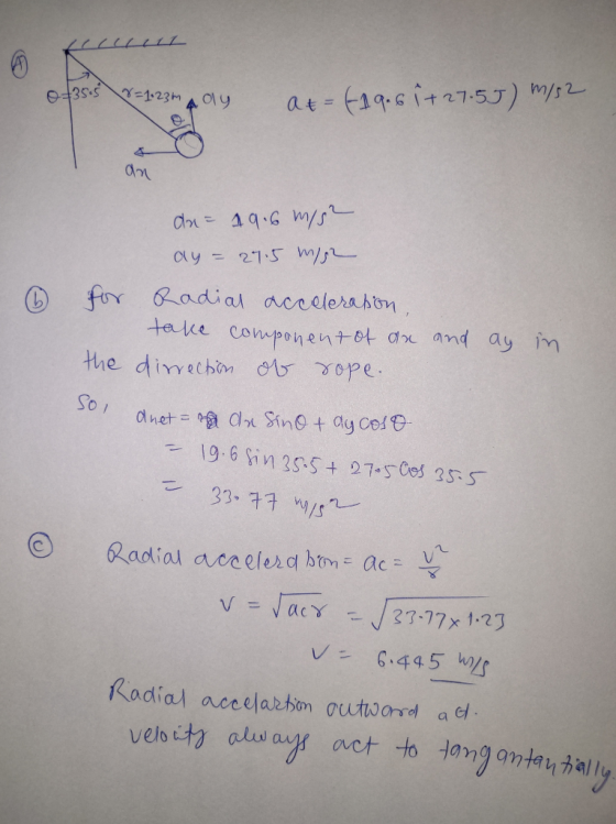 = 1.23 Aay at = -1961+ 27.57) m/s2 ② for the So, dx = 49.6 m/s2 ay= 27.5 m/s2 Radial acceleration, take component of an and a
