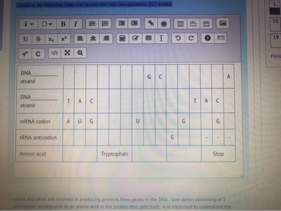 Complete the following table and answer the next two questions (3.5 marts) 10 B I = U Ꭶ X2 x E I 19 эс ✓ C Finis DNA strand G