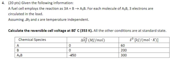 4. (20 pts) Given the following information: A fuel cell employs the reaction as 3A + B → A3B. For each molecule of A:B, 3 el