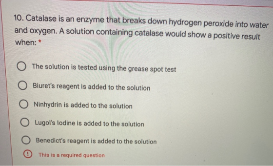 10. Catalase is an enzyme that breaks down hydrogen peroxide into water and oxygen. A solution containing catalase would show