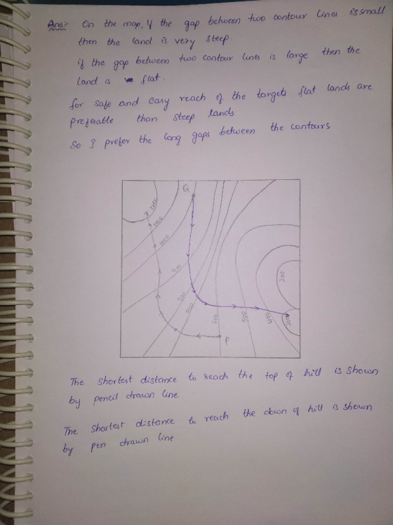 Aas On the mep, the gap behucen tuwo contour Cne ssal then the (anel very Steep the 8af betuo een tooo conturunes is large the the dor Safe and eary reach ta the torgeta fict lands are Preteatte thon Step tanods So prele the Cong gops behveen the contaurs The Shor test distance to Reach the top hi is Shown pencil choon lane The Shor test distarce t reach the obon ghu s shown pen dhawn e