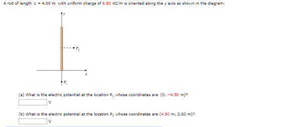 A rod of length L = 4.00 m with uniform charge of 6.80 nC/m is oriented along the y axis as shown in the diagram. (a) What is