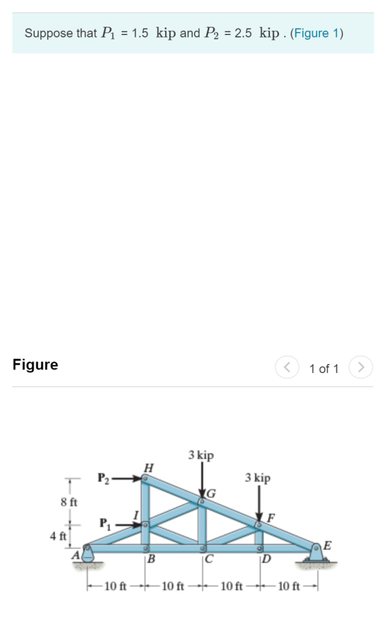 Suppose that Pı = 1.5 kip and P2 = 2.5 kip . (Figure 1) Figure (< 1 of 1 > 3 kip P2 3 kip 8 ft P = 4 ft 10 ft- 10 ft- -10ft -
