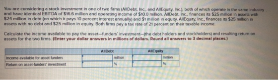You are considering a stock investment in one of two firms (AllDebt, Inc., and AllEquity, Inc.), both of which operate in the