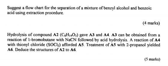 Suggest a flow chart for the separation of a mixture of benzyl alcohol and benzoic acid using extraction procedure. (4 marks)