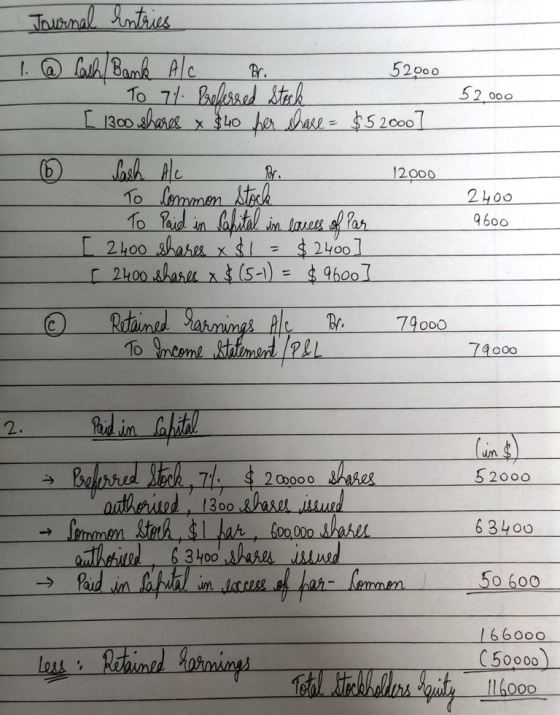 Journal Entries 1. @ Cash Bank A/C Br. 52000 - To 71 Preferred Steck [ 1300 shares x $40 ber chase = $52000] 52.000 6 12000 2