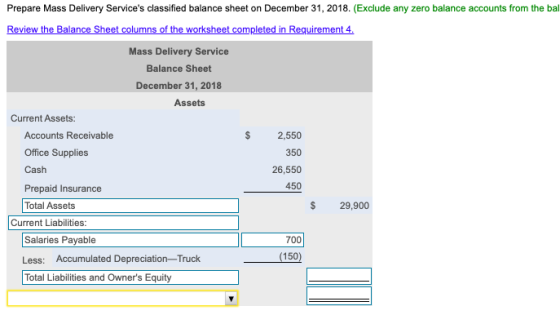 Prepare Mass Delivery Services classified balance sheet on December 31, 2018. (Exclude any zero balance accounts from the ba