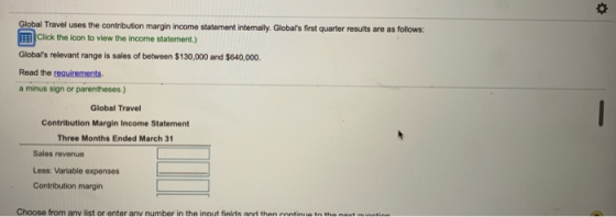 Global Travel uses the contribution margin income statement internally. Globals first quarter results are as follows: Click