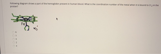 Following diagram shows a part of the hemoglobin present in human blood. What is the coordination number of the metal when it