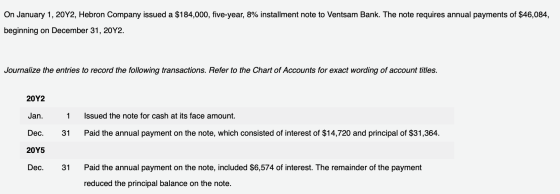 On January 1, 20Y2, Hebron Company issued a $184,000, five-year, 8% installment note to Ventsam Bank. The note requires annua