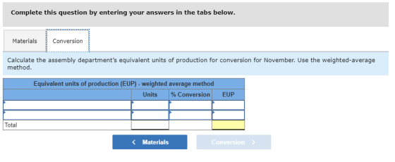 Complete this question by entering your answers in the tabs below. Materials Conversion Calculate the assembly departments e