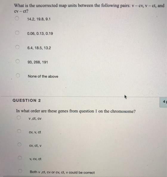 What is the uncorrected map units between the following pairs: V-cv, v-ct, and cv-ct? O 14.2, 19.8, 9.1 0.06, 0.13, 0.19 0 6.