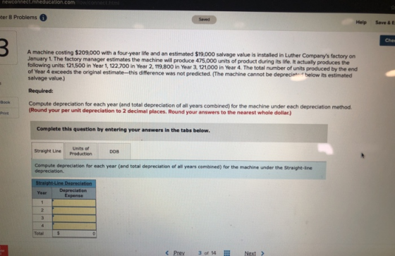 newconnect. meducaron.com ter 8 Problems Help Save & Chol A machine costing $209,000 with a four year life and an estimated $