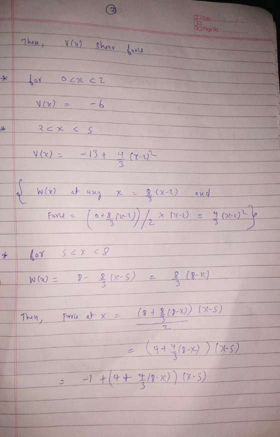Dale Page Now Then, vered shear force for our c2 V(x) = -6 Rcx c5 V (20) = -13 + 4 (x-2 I W (2) at ang x = 8 (X-2) and Fore=