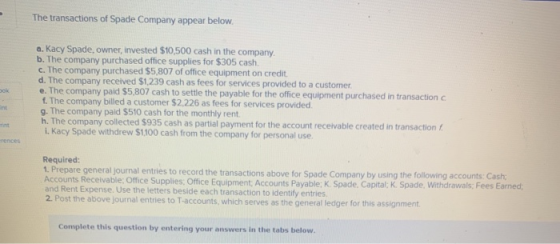 The transactions of Spade Company appear below. a. Kacy Spade, owner, invested $10,500 cash in the company b. The company pur