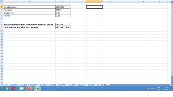 E F G H 2 principal value 3 Par value 4 coupon rate 5 tax rate 3000000 1000 0.06 0.21 7 annual coupon payment bondholders exp