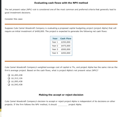 Evaluating cash flows with the NPV method The net present value (NPV) rule is considered one of the most common and preferred