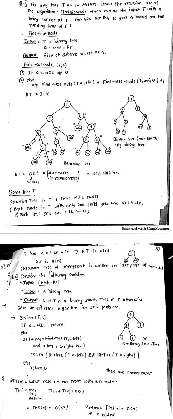 %! Fix any tree T on lo verrices. Draw the recursion trer of The Olgorithon · Fird size male when run on the input T with a b