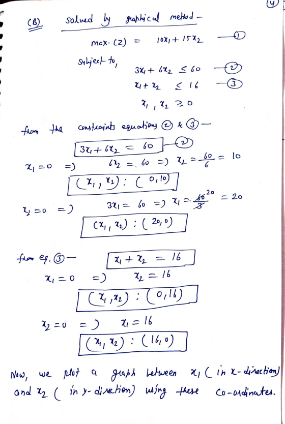 CB2 solved by graphical method _ D = max. (2) 10X1 + 1542 sulyject to, 3x + 622 560 21+ 2 < 16 x X₂ 2.0 from the constraints
