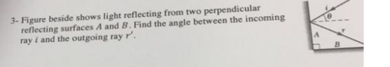 3- Figure beside shows light reflecting from two perpendicular reflecting surfaces A and B. Find the angle between the incoming ray i and the outgoing ray r.