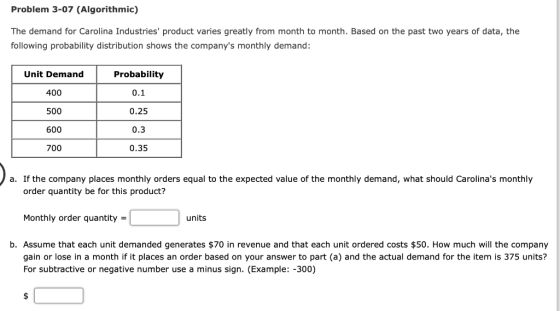 Problem 3-07 (Algorithmic) The demand for Carolina Industries product varies greatly from month to month. Based on the past