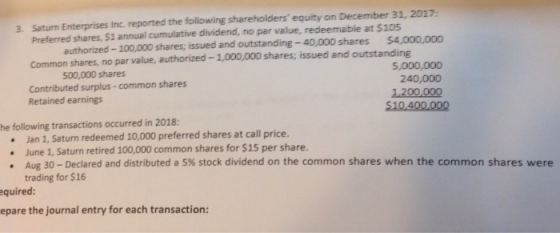 3. Saturn Enterprises Inc. reported the following shareholders equity on December 31, 2017 Preferred shares, $1 annual cumul