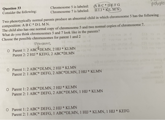 polypl Question 33 Chromosome 5 is labeled: ABCDEFG Consider the following: Chromosome 7 is labeled: HIJ KL MN. Two phenotypi