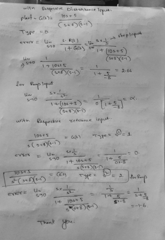 with respective disturbance input. plant - Go) 10s +5 Type = o. error = lis erros = s. Ro) .sx - step input 50 ali sx t Gej s