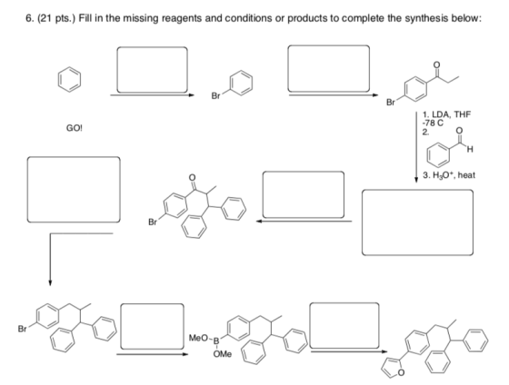6. (21 pts.) Fill in the missing reagents and conditions or products to complete the synthesis below: 1. DA, THE GO! N H 3.H3