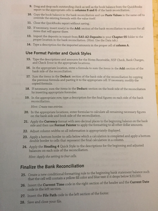 9. Drag and drop each outstanding check as well as the book balance from the QuickBooks report to the appropriate cells in co