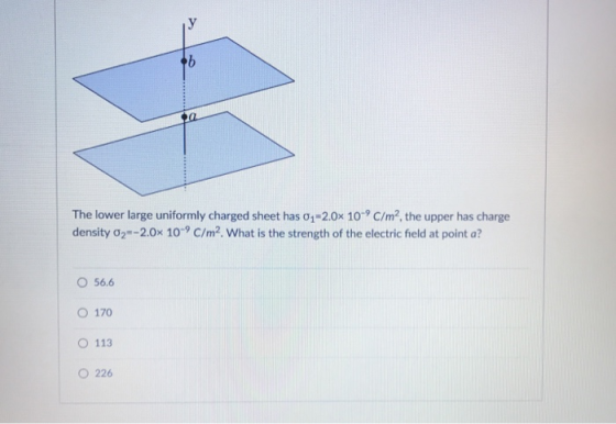 The lower large uniformly charged sheet has σ1-2.0x 10-9 C/m2, the upper has charge density σ2--20× 10-9 C/m2. What is the strength of the electric field at point a? O 56.6 O 170 O 113 O 226