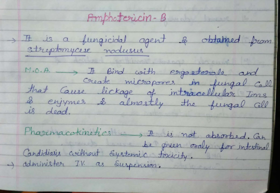 Amphotericin-B It is a fungicidal agent Streptomycese nodusus & obtained from M.o.A 7 Bind with ergosterole and create microp