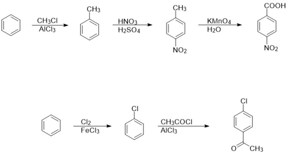 CH3 C -at- C - CH3CI AICI3 HNO3 H2SO4 KMnO4 H2O - NO2 NO2 CI2 CH3COCI AICI3 FeCl3 0 CH3